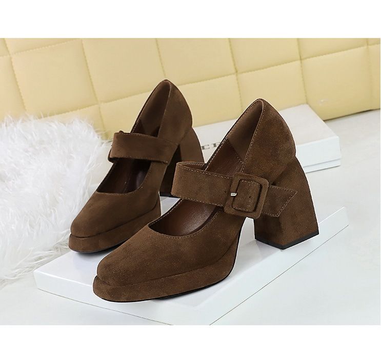 9613-6 style high thick heels, waterproof platform, suede, straight line with belt buckle, shallow mouth Mary Jane_voghion.com