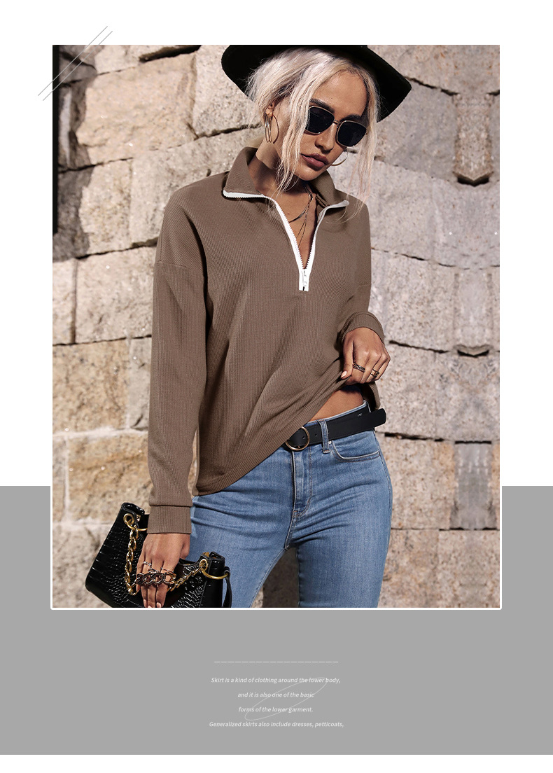 Maglione casual da donna con risvolto a maniche lunghe con cerniera superiore_voghion.com