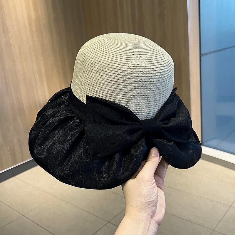 Cappello da sole estivo da donna in paglia con giunture, pieghevole, con protezione solare, protezione UV, con fiocco_voghion.com