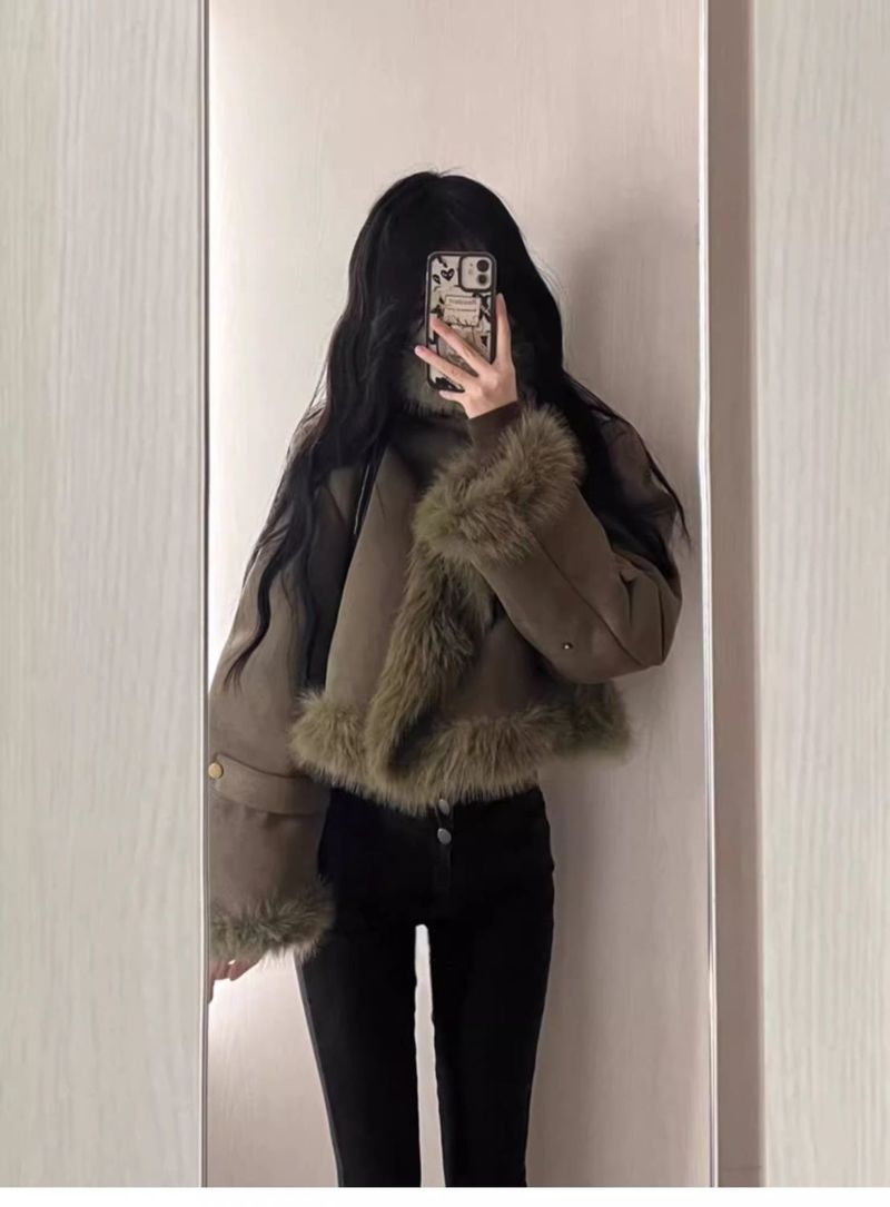 Cappotto corto in pelle di pecora scamosciata per donna, giacca da motociclista piccola spessa di alta qualità per autunno inverno_voghion.com