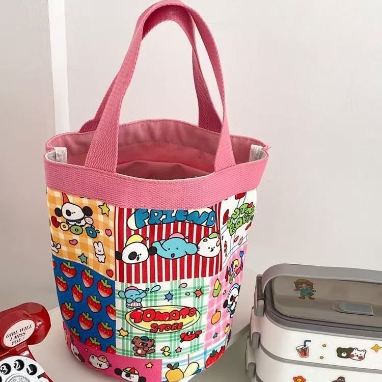 Cute Puppy Cylinder Handheld Canvas New Korean Style Girly Lunch Large Capacity Cartoon Bucket Bag_voghion.com