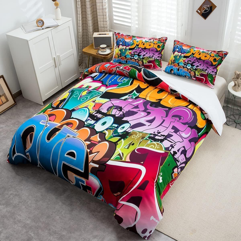 Graffiti Style Bedding Set Kids Hip Hop Theme Comforter Cover For Boys Teens Youth Illustration, Decorative Young Man Duvet Cover Street Culture_voghion.com