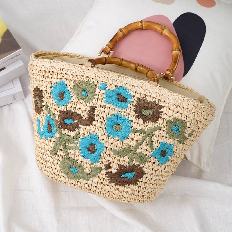 Borsa a mano piccola con fiori colorati, borsa di paglia, borsa di rattan, borsa pastorale singola, borsa da donna, borsa da spiaggia alla moda_voghion.com