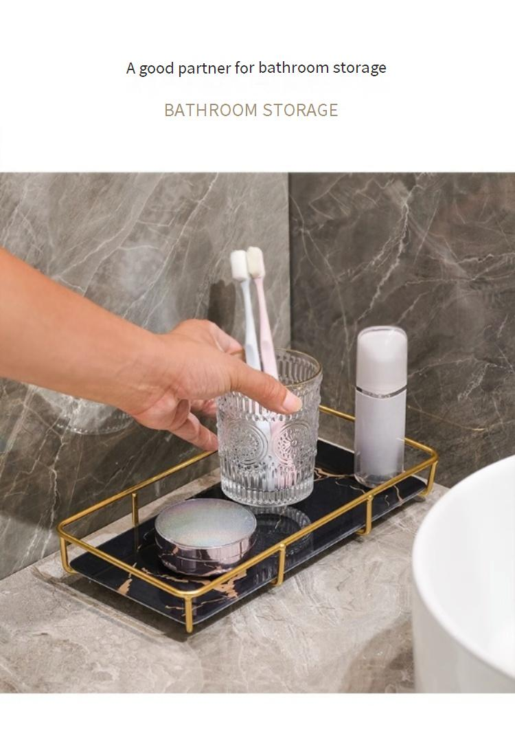 Elegant Bathroom Vanity Tray - Modern Single-Tier Makeup Organizer With Gold Accents For Countertop & Sink Area (Large/Small, Black/White Gold)_voghion.com