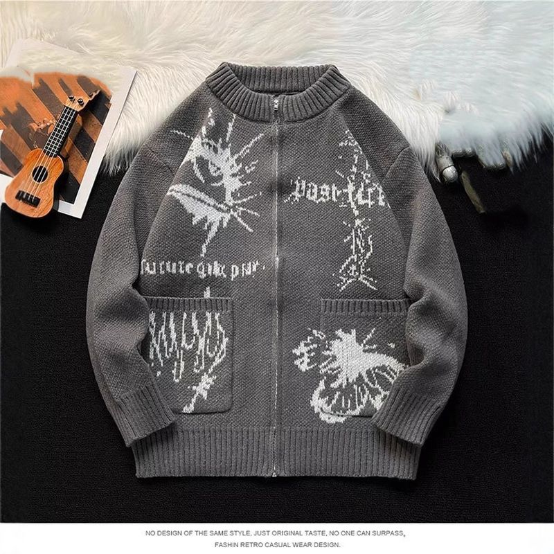 Retro Zip-Up Knit Cardigan – Unisex Oversized Sweater With Artistic Print_voghion.com