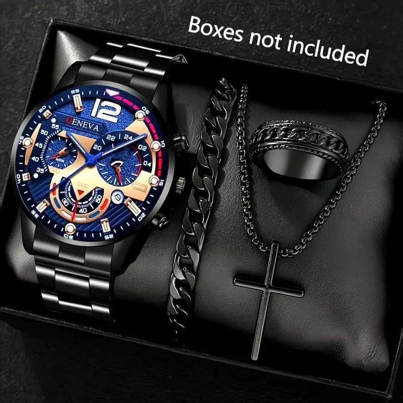 Watches Elegant Men's Business Watch Set With Faux Three-Eye Calendar, Roman Numerals & Matching Cross Necklace, Bracelet & Ring_voghion.com