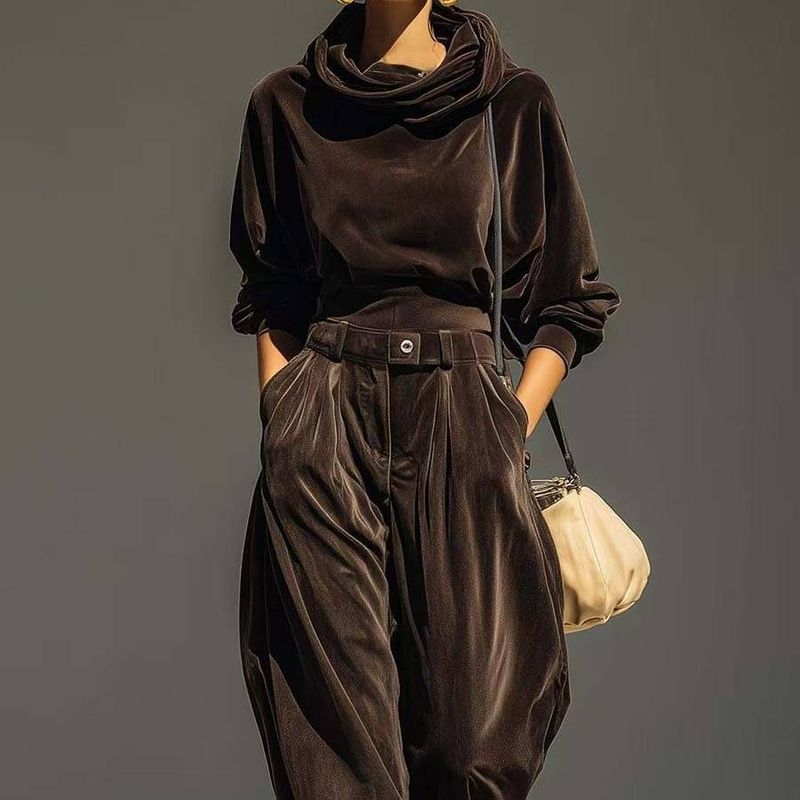 Samt-Kapuzenpullover & Hose Set – Weiche Loungewear für Damen, bequemes Zweiteiler-Outfit, lässige Streetwear, dehnbarer Strickstoff_voghion.com