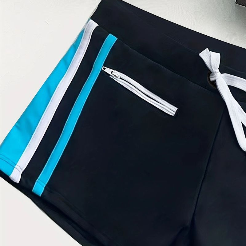 2024 Men's Clothing foreign trade new men's color-blocked zipper tether slim fit boxer shorts for swimming and beach manufacturers in stock_voghion.com