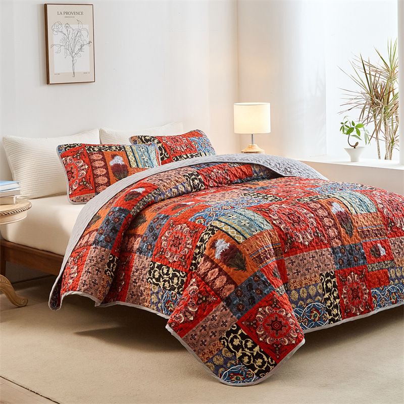 Zestaw narzut na łóżko w kwiaty w stylu boho – 3-częściowa, dwustronna poszewka na kołdrę (certyfikat OEKO-TEX®, nadruk cyfrowy) do sypialni w stylu boho i nowoczesnym stylu rustykalnym_voghion.com