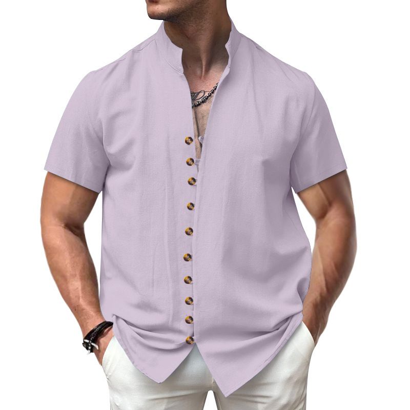 Maglietta da uomo nuova, vintage, in lino, con bottoni, colletto e maniche corte_voghion.com