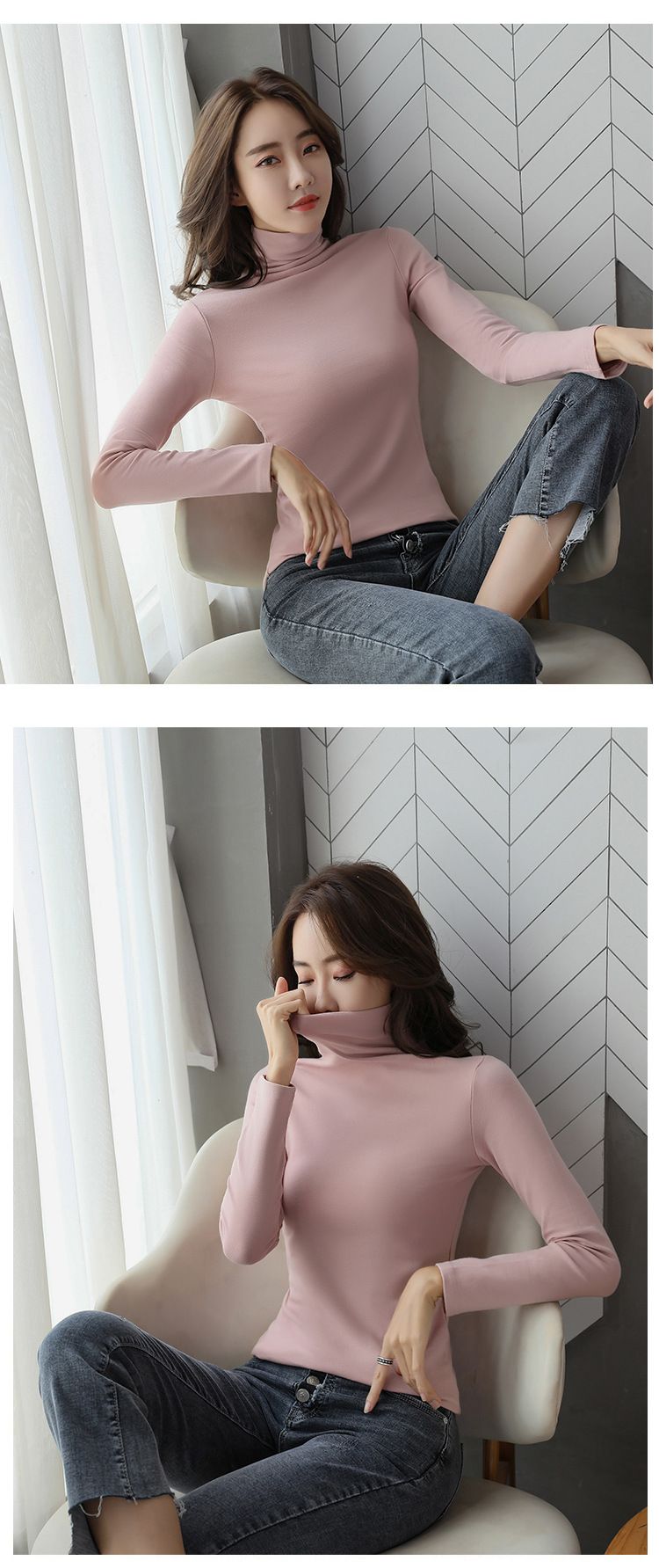 Temperamentvolles neues Herbst-Langarm-T-Shirt für Damen, schmale Passform und schlankmachender Schnitt, hoher Halsausschnitt mit Plüschboden,_voghion.com
