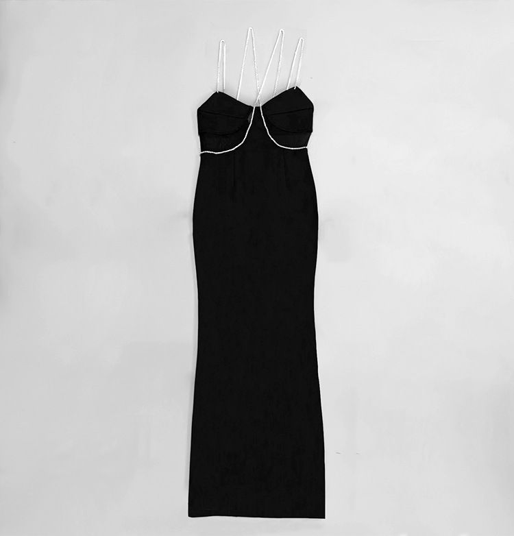 Elegante abito francese con fasciatura e spalline in strass - Abito lungo formale aderente per donna, abito da sera aderente a vita alta_voghion.com