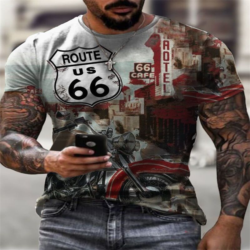 T-shirt da uomo girocollo casual alla moda stampata in 3D della nuova serie Route 66 estiva 2022_voghion.com