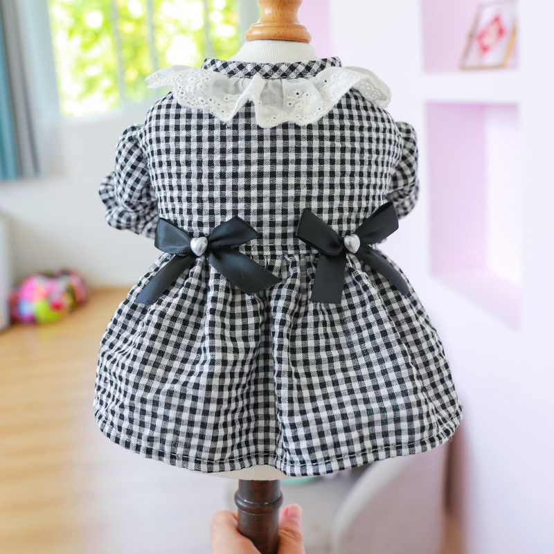 Pet Circle Dog Clothing Cat Clothes Bowknot Lace Collar Edge Black And White Plaid Princess Heart Pearl Dress_voghion.com