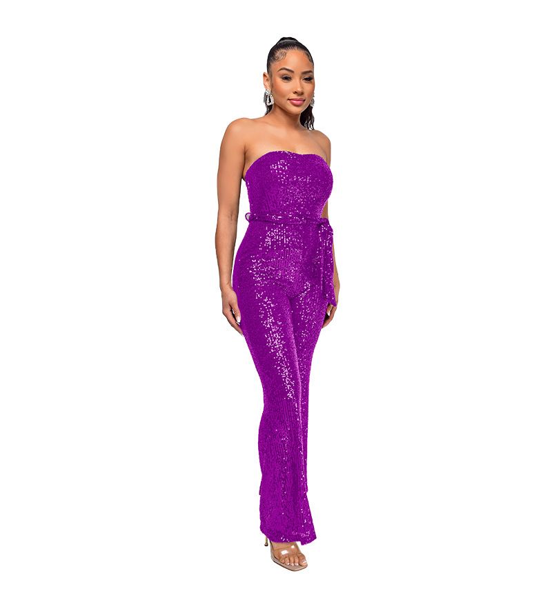 Dametøj Ærmeløs pailletterbæltejumpsuit ensfarvet tubetop rygløs jumpsuit_voghion.com