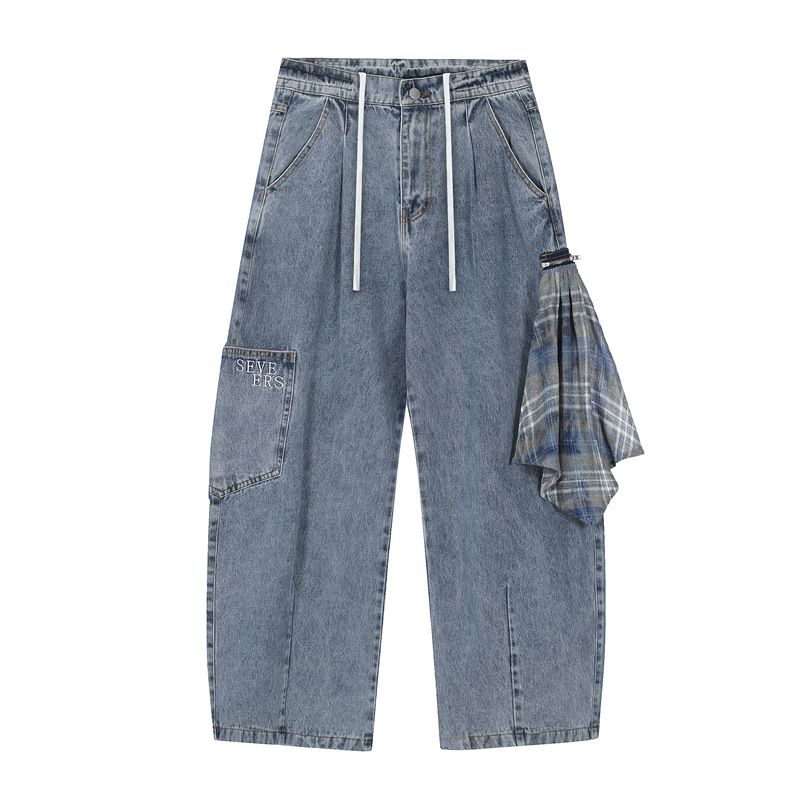 Men's Clothing Large Pockets, Retro Zipper Design, Square Towel Washed Jeans, Men's And Women's Straight Loose Casual Sickle Wide Leg_voghion.com