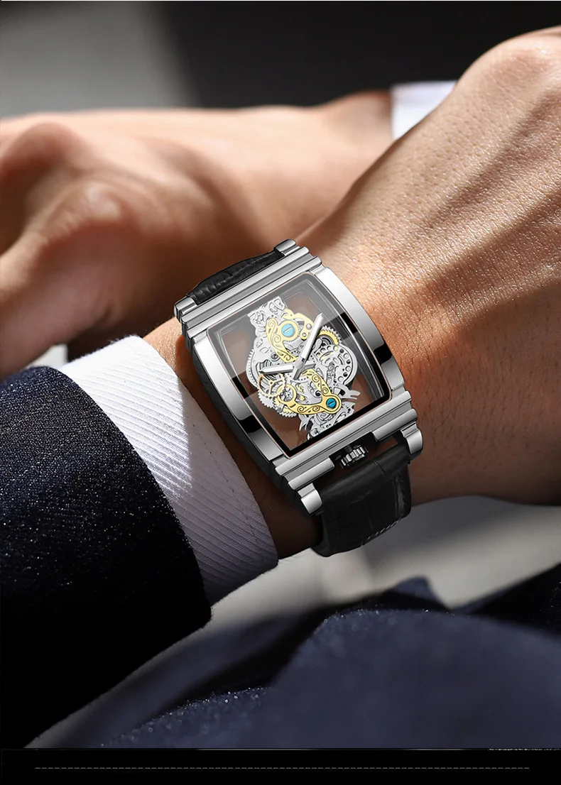 Herrklockor Square Dial Transparent Hollow Quartz Watch Läderarmband_voghion.com