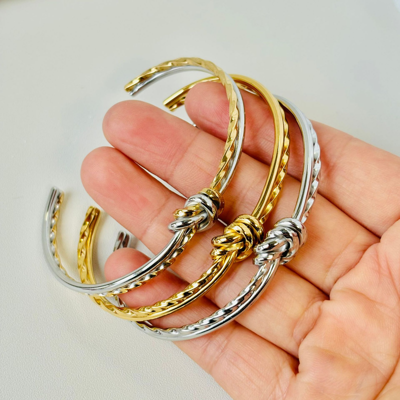Conjunto de joias femininas da moda, pulseira de aço inoxidável com nó aberto e laço retrô, pulseira banhada a vácuo_voghion.com