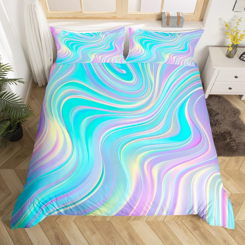 Copripiumino tie-dye viola-verde acqua per lettino, copripiumino con linee curve astratte, set di biancheria da letto sfumata, set di biancheria da letto sfumata con 2 federe, arredamento per la camera da letto_voghion.com