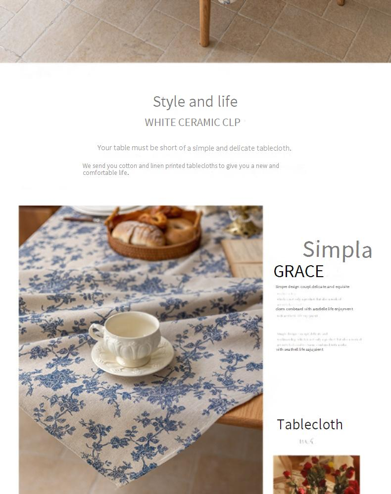 Blue Floral Tablecloth - Cotton Linen Rectangular Cover (Scandinavian Style Vintage Farmhouse Photo Backdrop Dorm Decor)_voghion.com