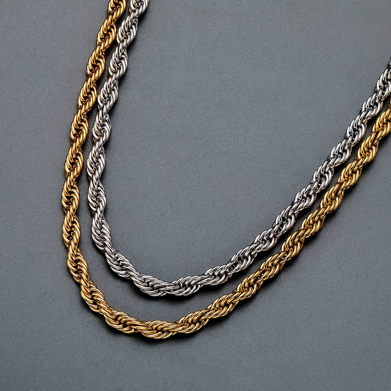 Necklaces Hip Hop Plain Chain 5mm Thick Encrypted Stainless Steel Twist Chain Color Preserving Electroplating Twisted Rope Set Necklace Bracelet_voghion.com