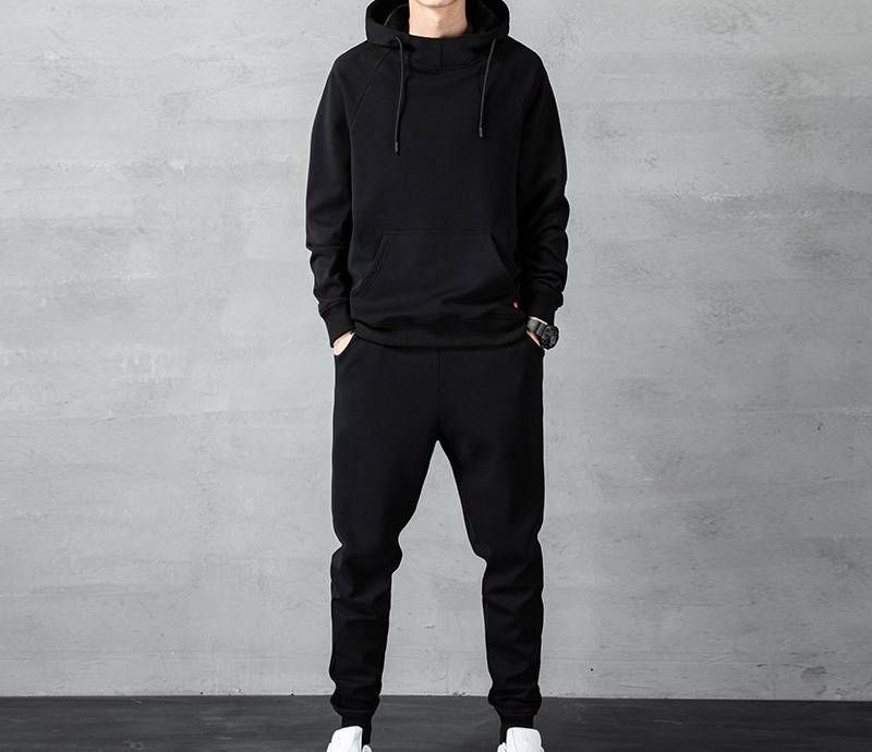 Herren-Set aus Baumwoll-Kapuzenpullover und Jogginghose – Lässiges zweiteiliges Winter-Sportoutfit mit Logo-Stickoption (Schwarz, Grau, M-4XL)_voghion.com
