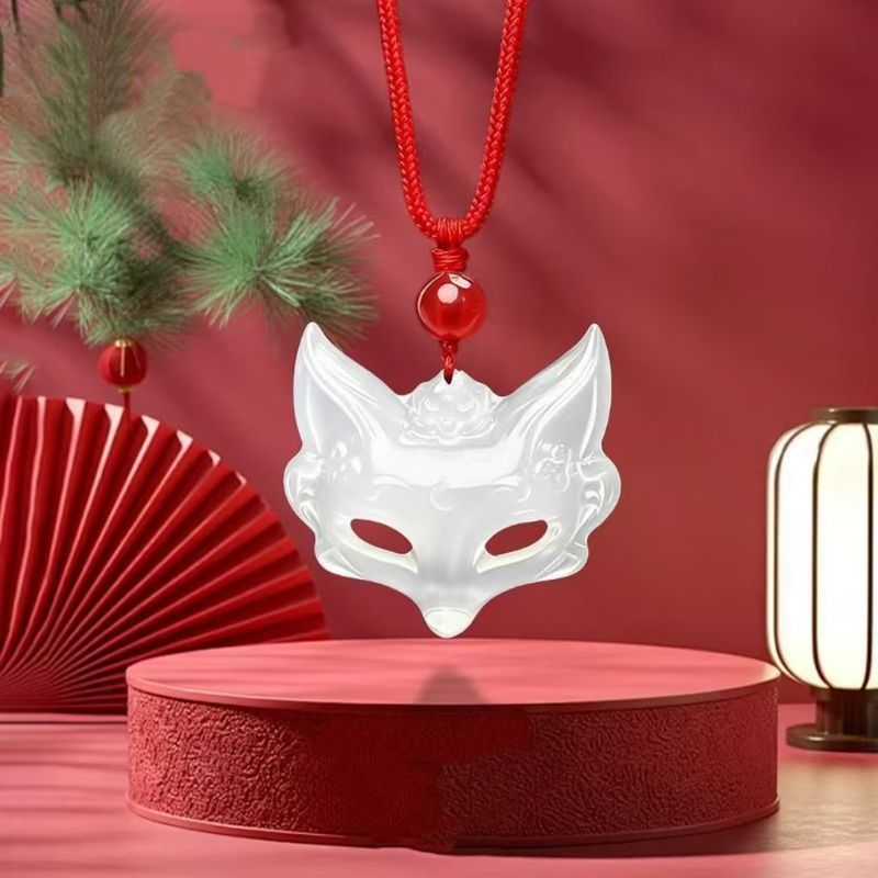 Ciondolo con maschera di volpe in agata bianca, collana con volpe in diaspro: un regalo unico per la tua ragazza durante il festival Qixi_voghion.com