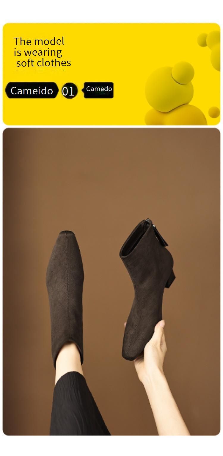 Cameido Women's French Style Suede Mid Heel Chunky Heel Slim Ankle Boots For Autumn And Winter_voghion.com
