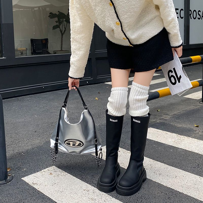 Stiefel-Baumwollflorsocken für Damen, vertikal gestreift, mittelkalb, gestrickte Wolle, Frühling und Herbst, lang, über dem Knie, JK College_voghion.com
