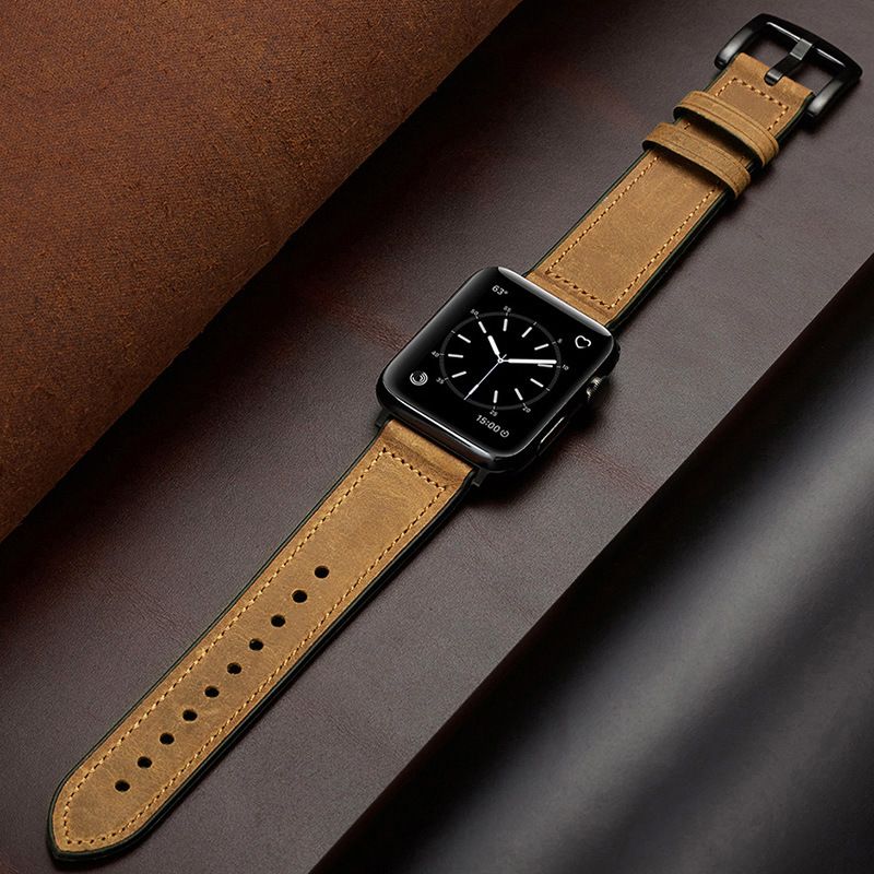 Correa vintage de piel auténtica para Apple Watch Series 9/8/7/6/Ultra - Fabricada a mano con base de silicona, ajuste ajustable, estilo clásico (tallas 38-49 mm)_voghion.com