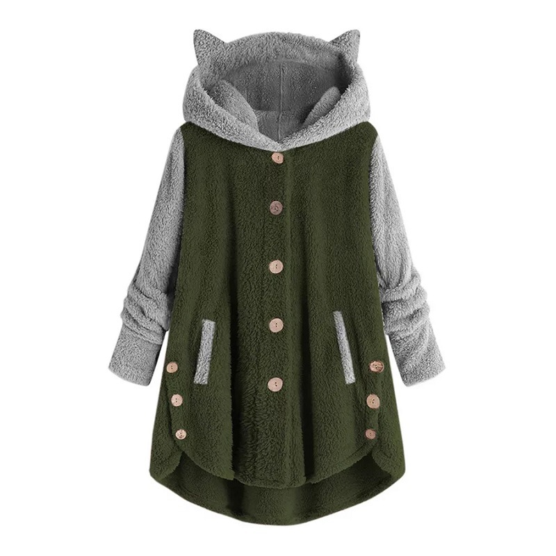 Women's Clothing Autumn And Winter Button Hooded Cat Ear Plush Top Irregular Trendy Brand Color Matching Jacket For Women_voghion.com