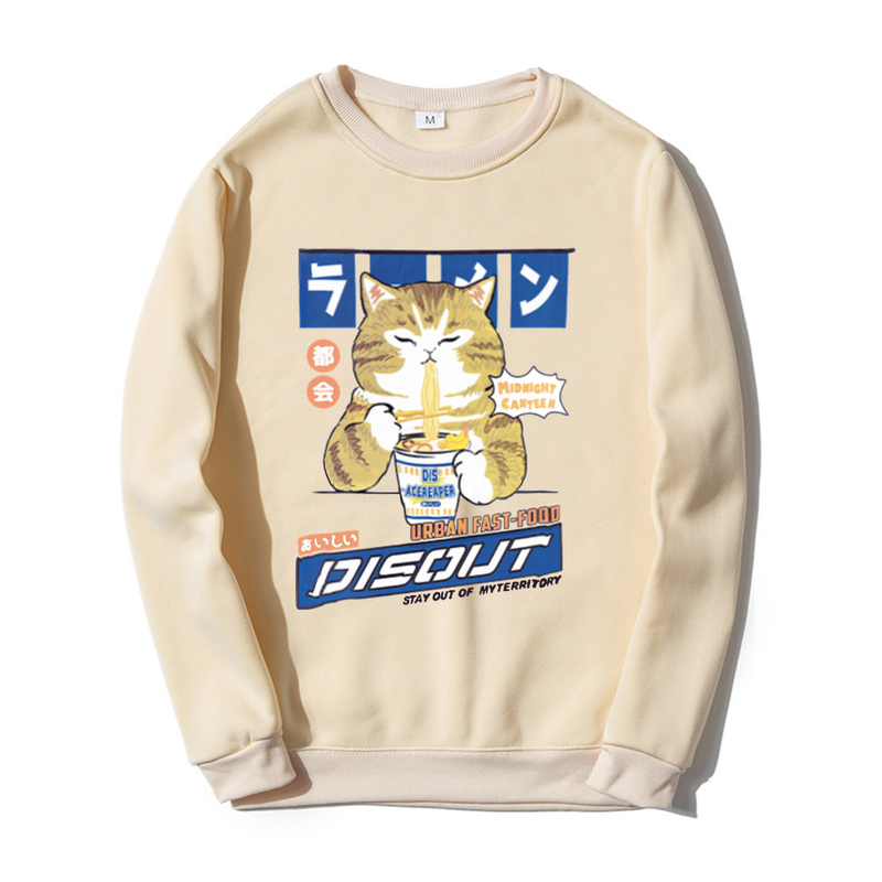 Herbst und Winter Neuer Katzen-Cartoon-Print-Rundhalspullover für Männer und Frauen mit weißem Boden, lässigem Fleece_voghion.com