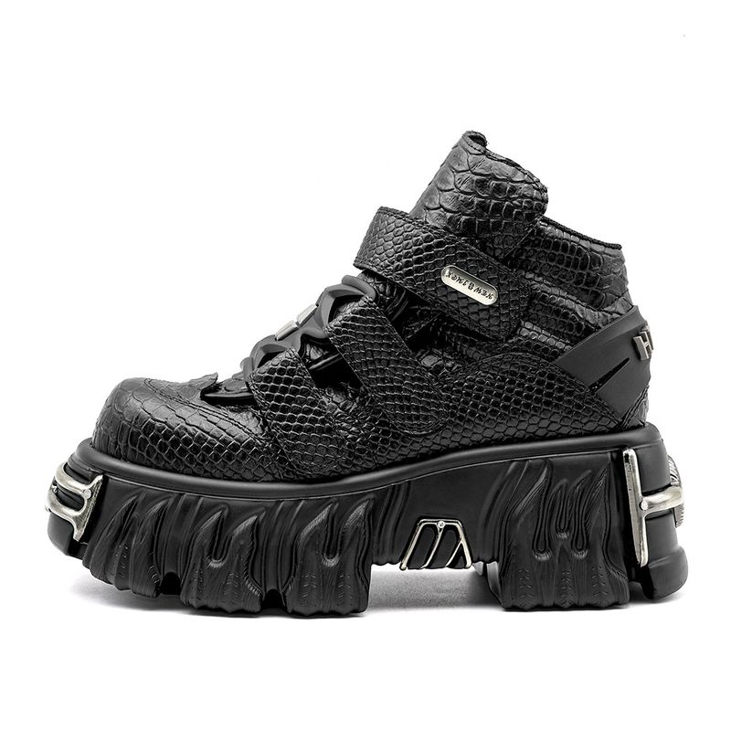 Summer Thick-Soled Punk Height-Increasing Platform Tank Sole Women's Boots Black Python Pattern High-Top Shoes_voghion.com