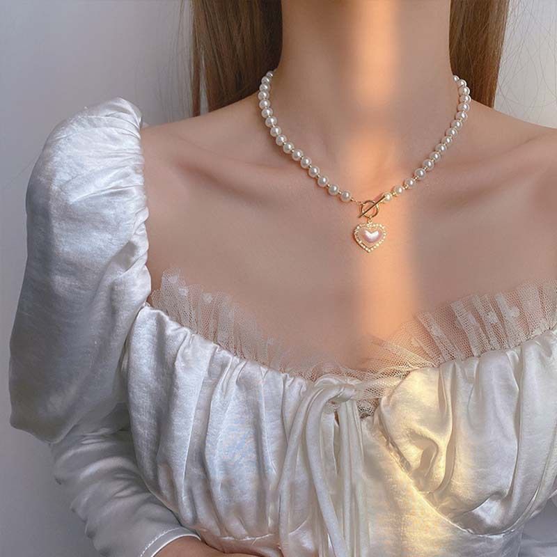 Mote perle hjerteformet halskjede, dame krystallperle sommerfuglanheng, bryllupsfest, retro koreansk smykkegave_voghion.com