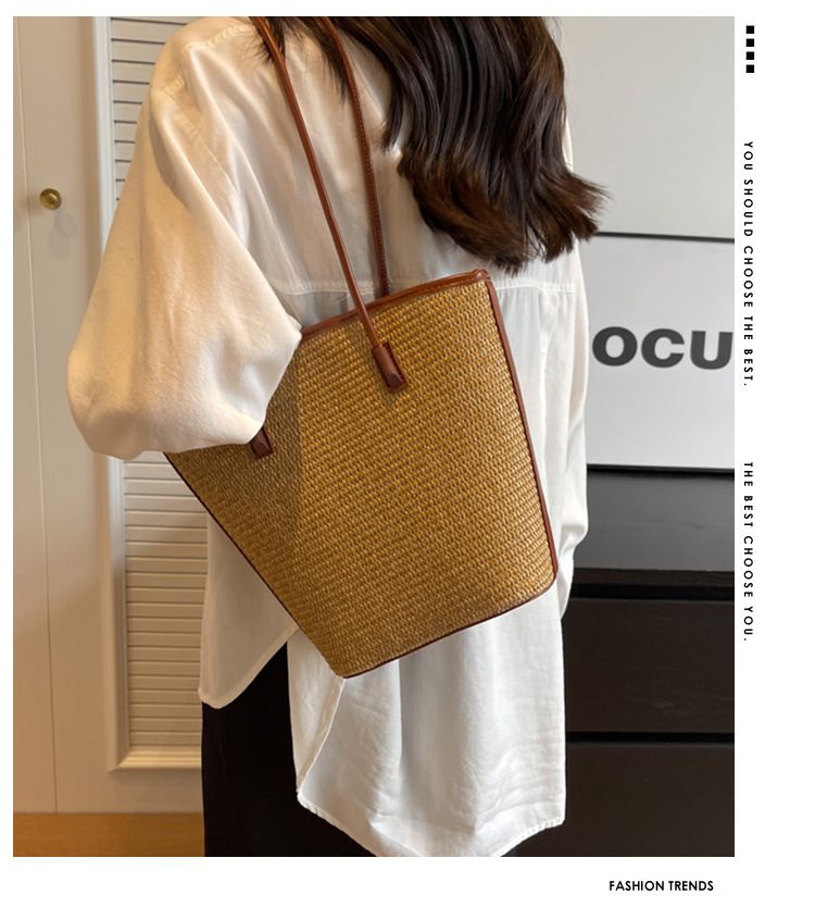 Women's Bucket Bag Woven Bag Fashion Striped Straw Braid Holiday Beach Style Armpit Bag Commute Seaside Simple Handheld Bucket Bag_voghion.com