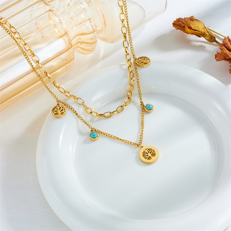 Fashionable niche retro simple high-end round diamond tree of life turquoise pendant double chain necklace_voghion.com