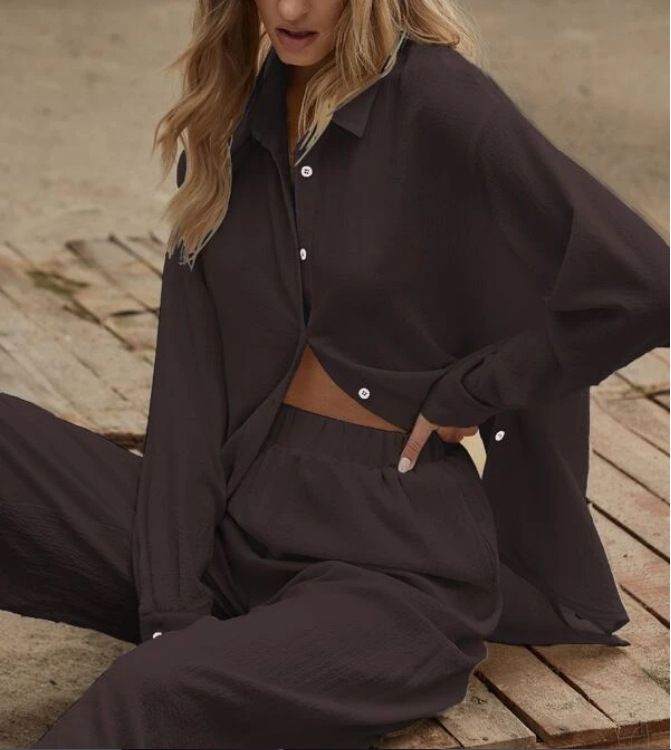 Collezione autunno 2022 da donna, nuova camicia casual di alta qualità, a maniche lunghe, tinta unita, con elastico in vita e pantaloni._voghion.com