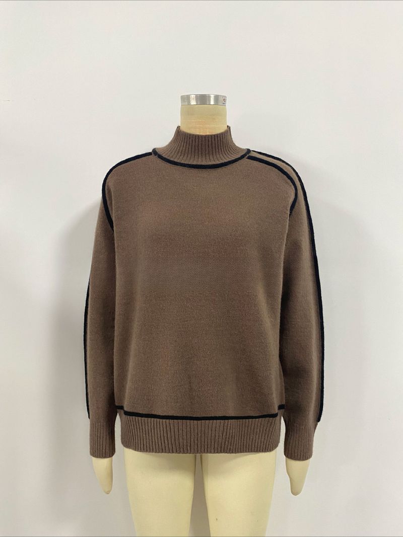 K Fashionable Women's Sweater With Half-high Collar And Raglan Sleeves, Elegant Line, Ribbed Base Knitted Top_voghion.com