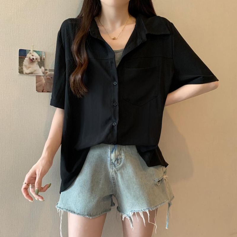 Abbigliamento da donna taglie forti, taglia grande, taglia grande, estivo, a maniche corte, tinta unita, temperamento, due pezzi, coprente per la pancia e anti-età, camicie casual per donna_voghion.com