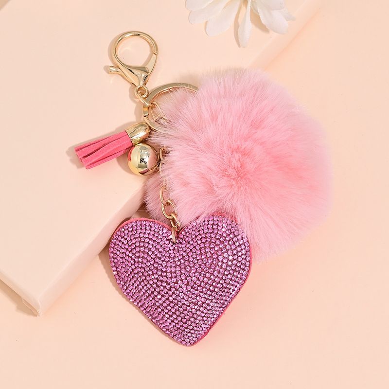 Fashion Autumn Winter Plush Heart Rhinestone Tassel Keychain Women's Bag Pendant Car Ornament_voghion.com