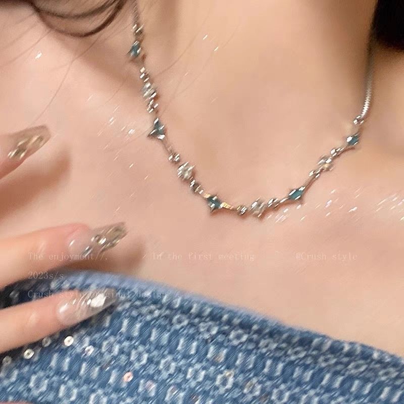 Double Layer Blue Four-pointed Star Zircon Summer Ins Niche Design High-end Accessories Fashionable Elegant Necklace_voghion.com
