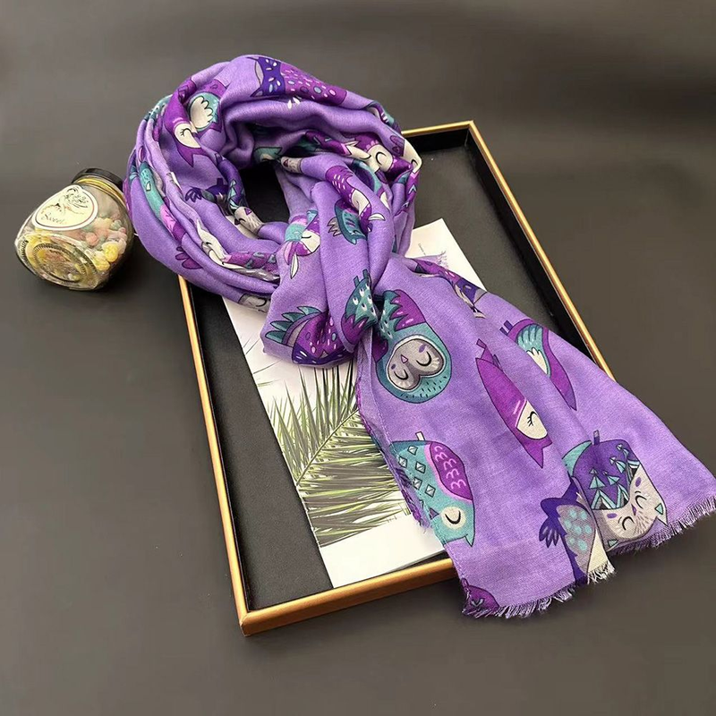 Nuova sciarpa in lino e cotone dal design originale femminile con gufo, protezione solare senior, scialle a sezione sottile, telo mare da viaggio primaverile ed estivo_voghion.com