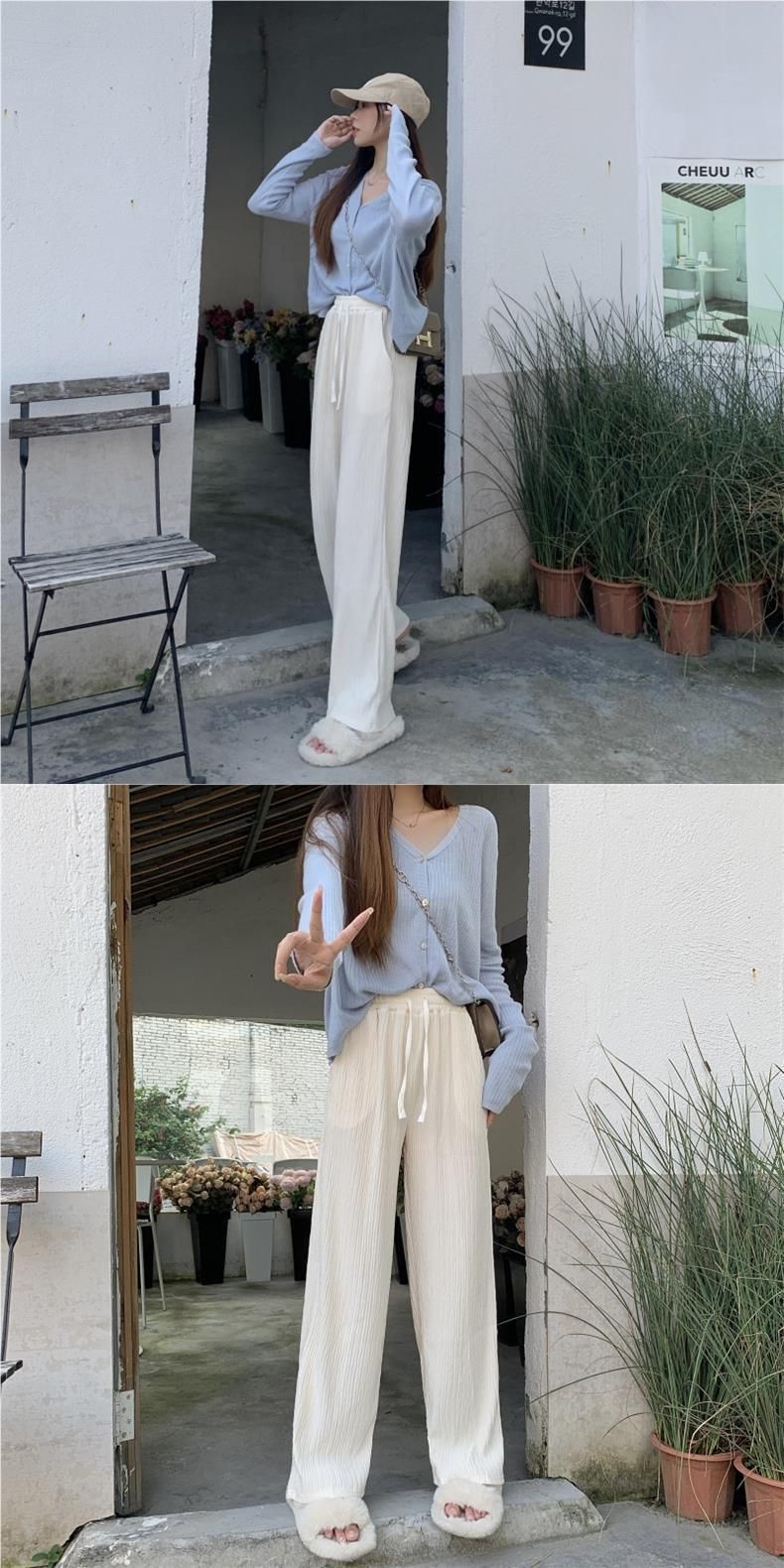 6012 # Pantalon de sol décontracté à taille haute pour femme, texture froissée, jambes larges, automne été_voghion.com
