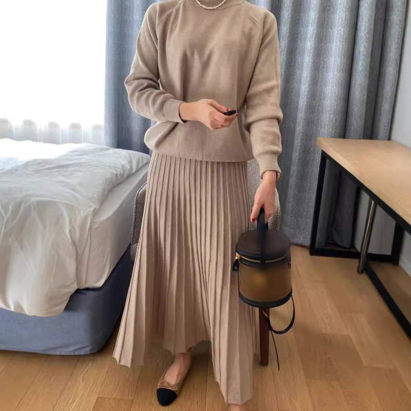 Roupas femininas Casual Core Spun Yarn Sweater Top + Saia Terno_voghion.com
