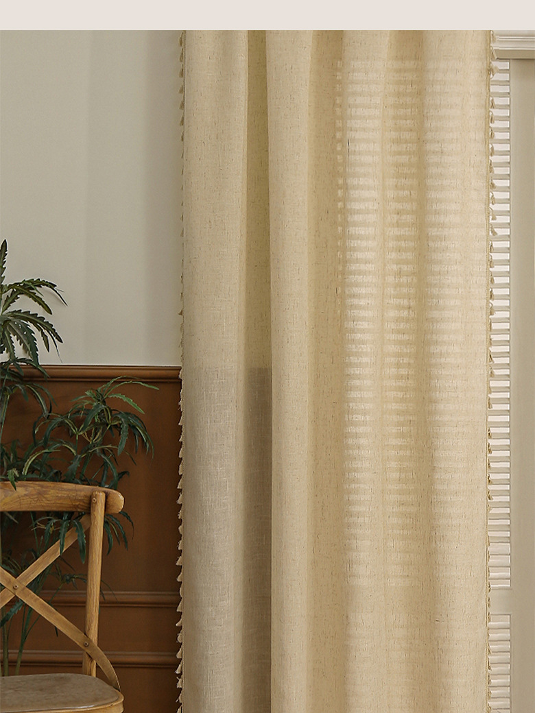 Cortina de puerta tejida de lino de estilo sencillo, estilo artístico, para dormitorio y sala de estar, que transmite luz pero no es transparente._voghion.com