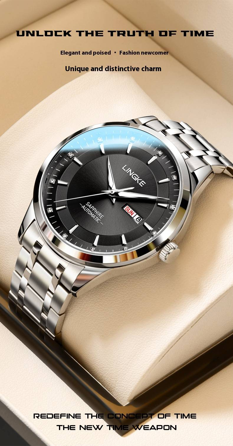 Men's Automatic Mechanical Watch With Dual Calendar, Luminous Hands, Sapphire Crystal, And 30M Water Resistance - Stainless Steel Band, Business Style_voghion.com