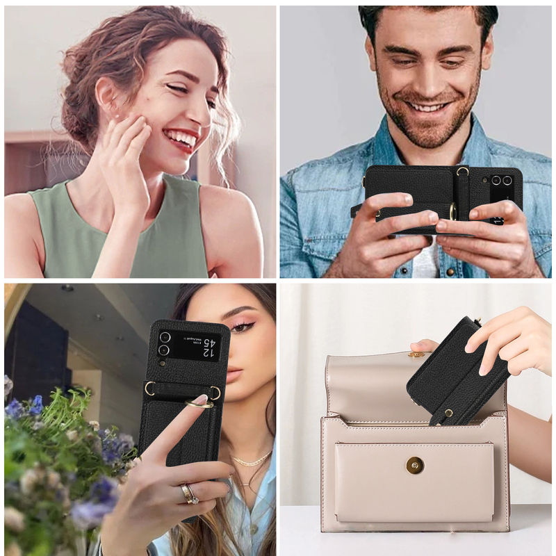 Suitable For Samsung Z Flip5 Folding Crossbody Mobile Phone Case Z Flip4 Card Slot Protective Cover Wrist Strap Bracket Leather Case_voghion.com