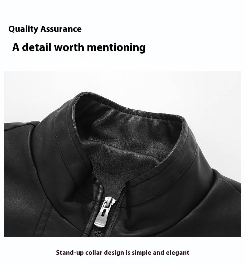 Chaqueta de cuero sintético para hombre, estilo motero retro, entallada, con cuello alto y cremallera, informal, para primavera y otoño._voghion.com