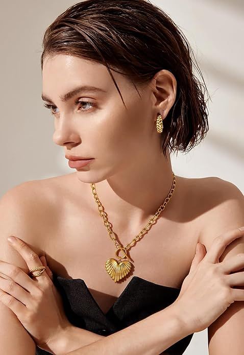Collana con ciondolo a forma di cuore, collana spessa con graffetta per donne e ragazze_voghion.com