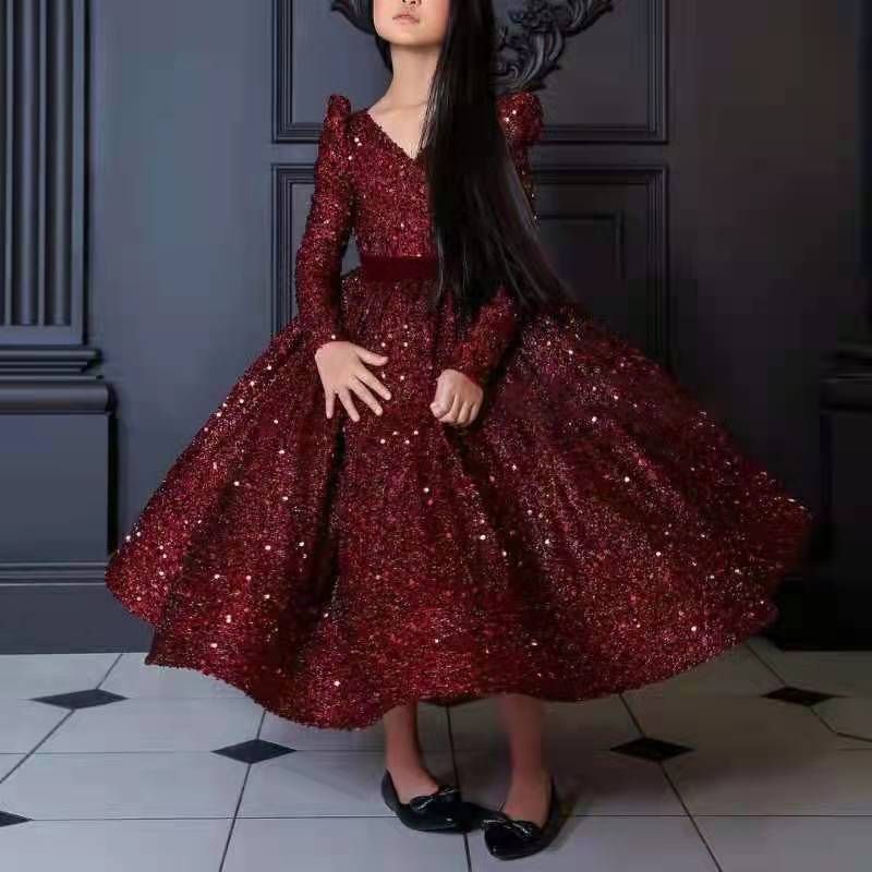 Paillettenbesetztes weißes Prinzessinnenkleid für kleine und mittelgroße Kinder High-End-Bogen-Tutu-Rock Kindergeburtstagsparty-Abendkleid_voghion.com